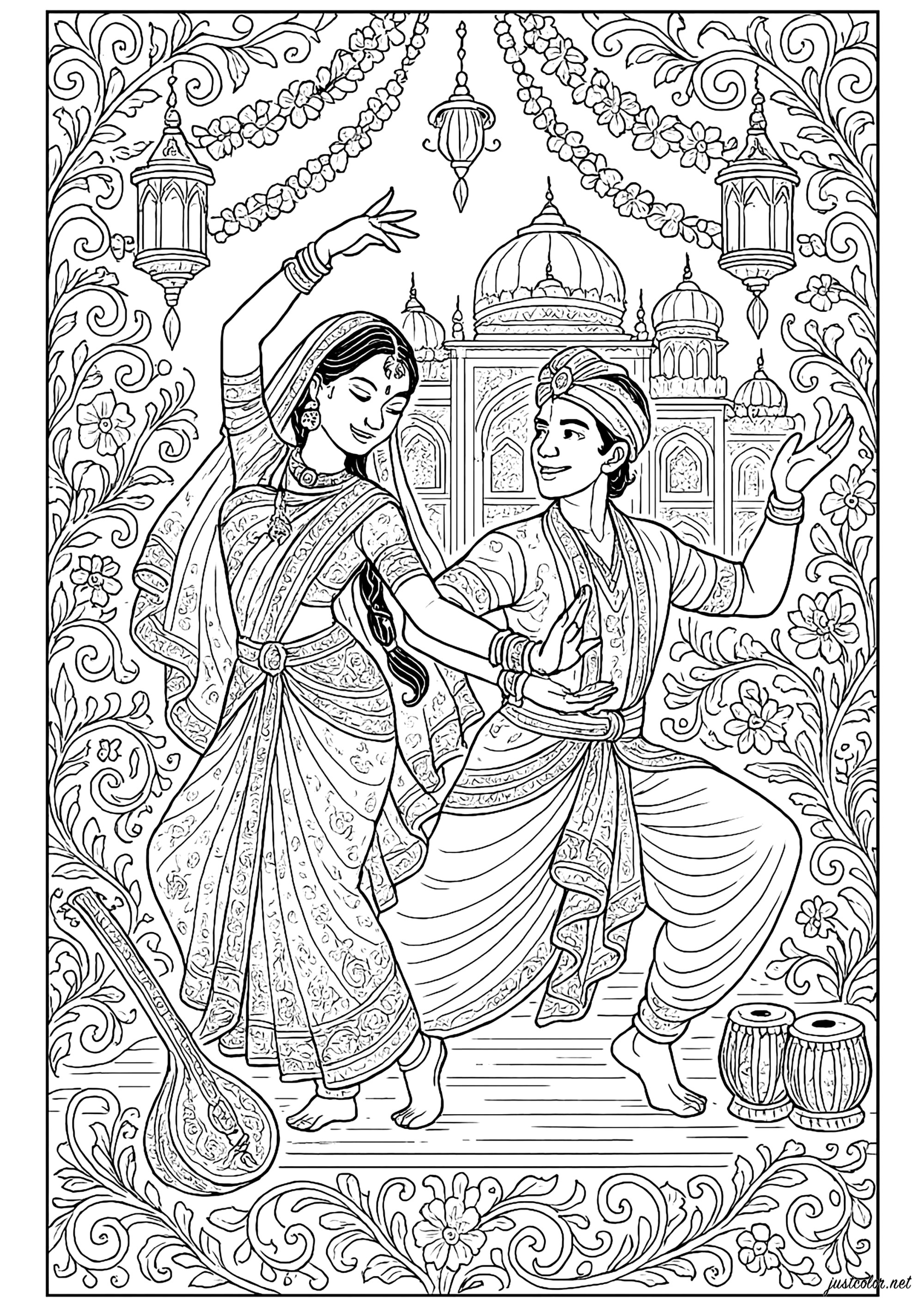 Traditional Indian dance in front of the palace (Printable India & Bollywood Coloring Page for adults)