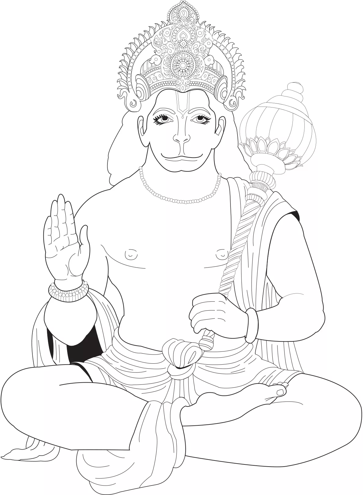 Hanuman, known as the monkey god (Printable India & Bollywood Coloring Page for adults)