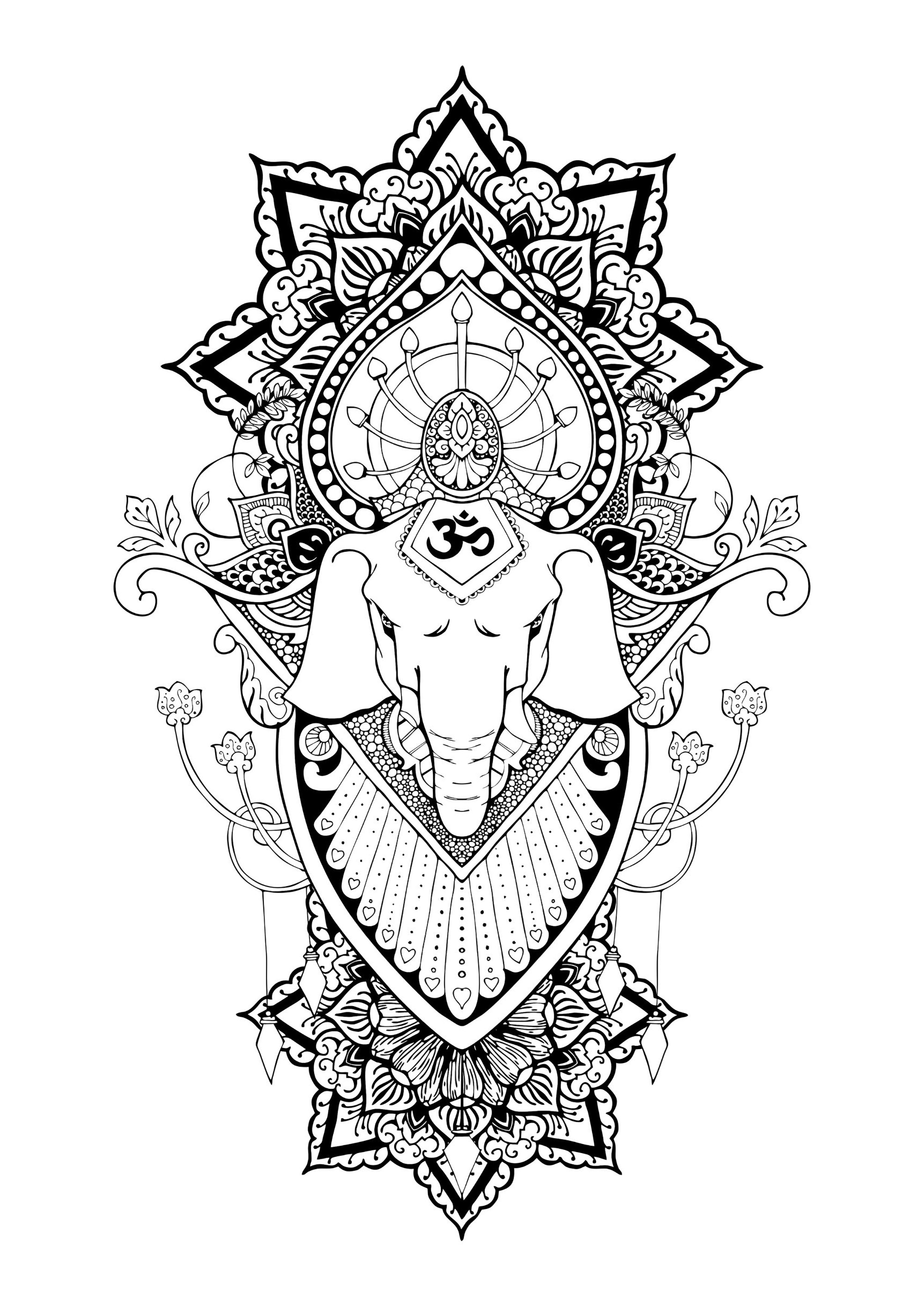 Ganesha is one of the best-known and most worshipped deities in the Hindu pantheon. .  In this coloring page, only his head is represented, with beautiful mandalas and elegant patterns, Source : 123rf   Artist : Chic2view