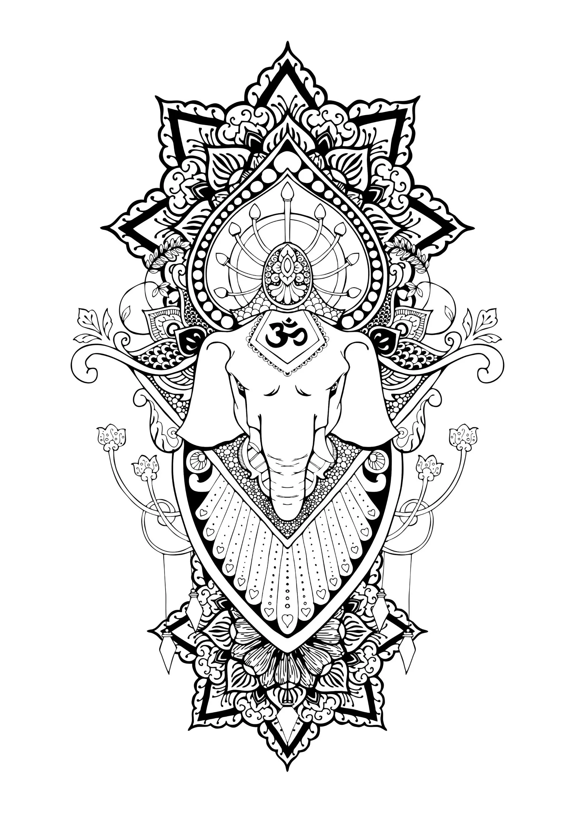 Ganesha and patterns (Printable India & Bollywood Coloring Page for adults)