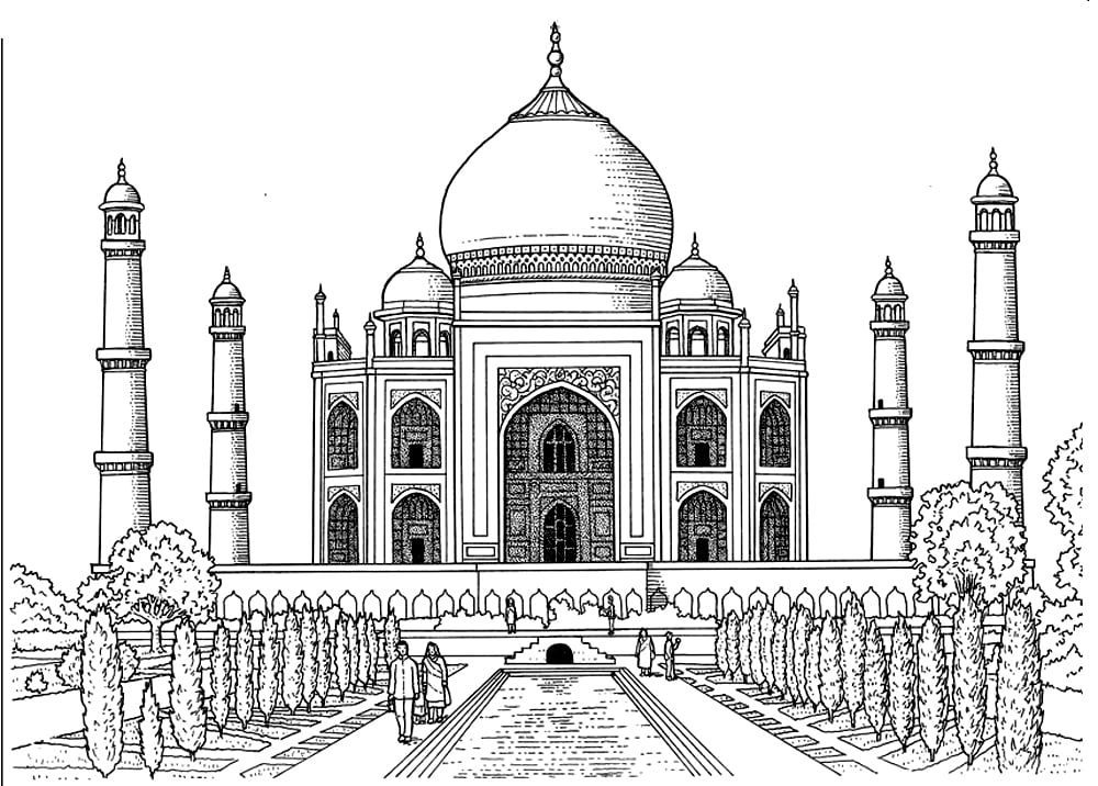 The Taj Mahal, meaning Crown's palace, is a mausoleum built in 1632-53, situated in Agra (India). You can color it with this simple coloring page.