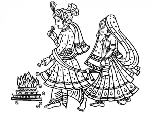 In traditional Indian weddings, the bride and groom walk around the fire seven times and their scarves are tied together