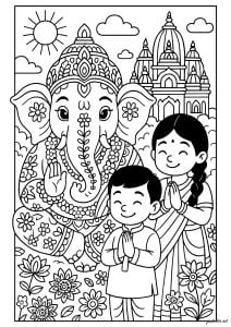 Ganesh, Indian temple and children at prayer. This coloring page depicts the god Ganesh, an emblematic figure of Hinduism recognizable by his elephant head, seated in front of a magnificent Indian temple.
Two children, a boy and a girl, dressed in traditional garb, pray before Ganesh as a sign of respect and devotion. The scene is decorated with flowers, clouds and a radiant sun, creating a festive and spiritual atmosphere. Ideal for discovering Indian culture and religious traditions through coloring. Ganesh, indian temple and children at prayer