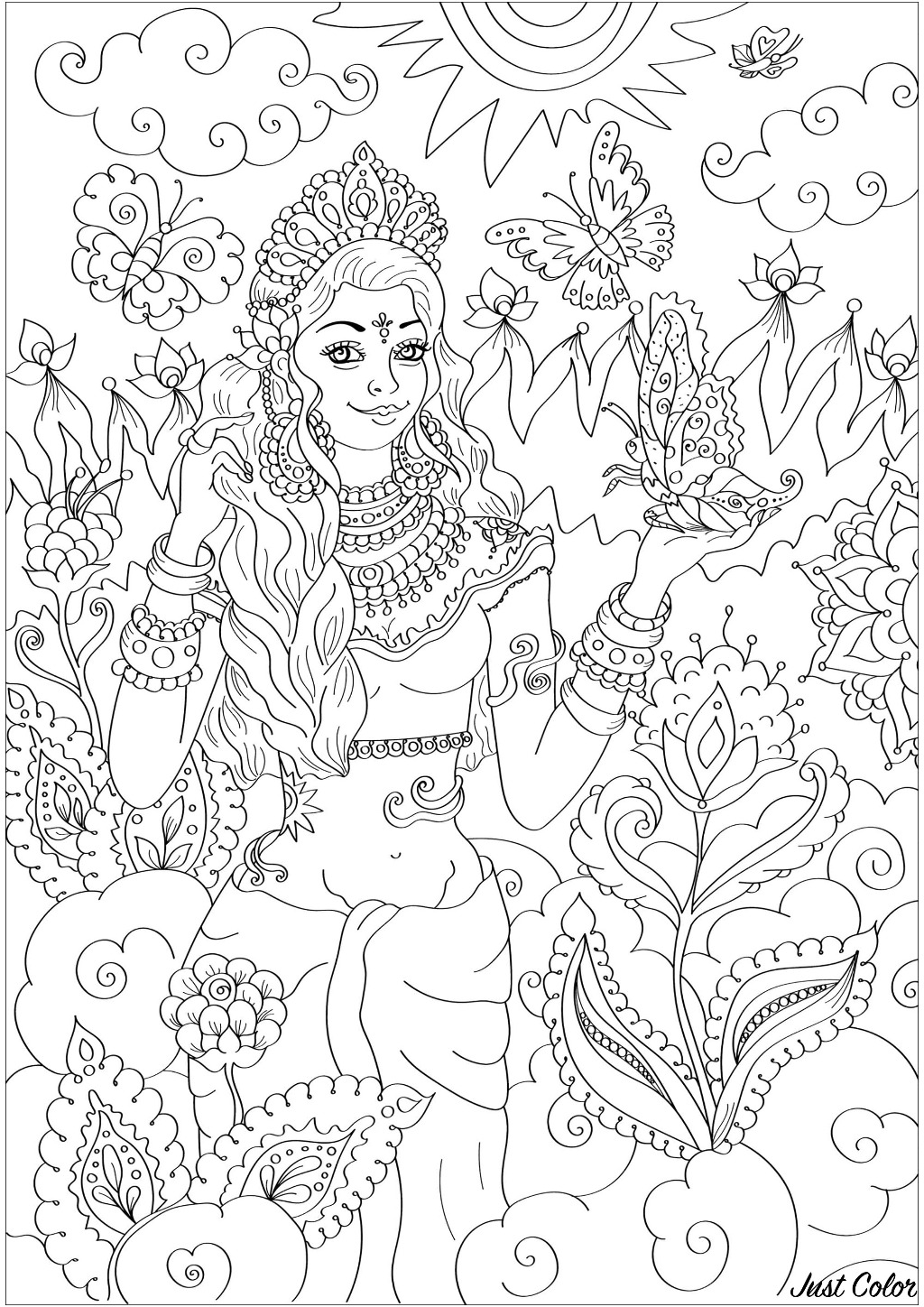 Indian goddess with buterflies and strange flowers and leaves