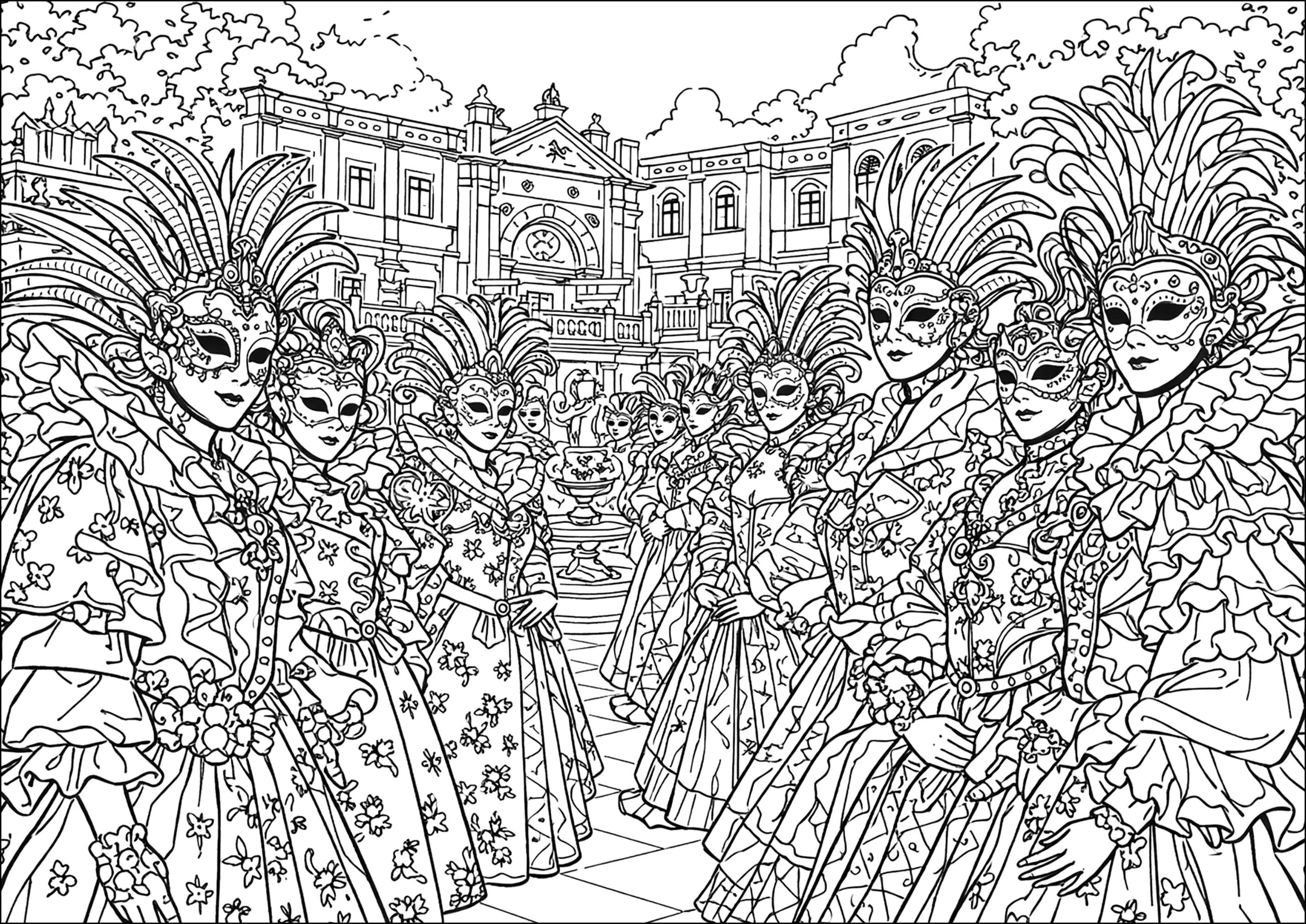 Dazzling masquerade in front of a palace in Venice (Printable Carnival Coloring Page for adults)