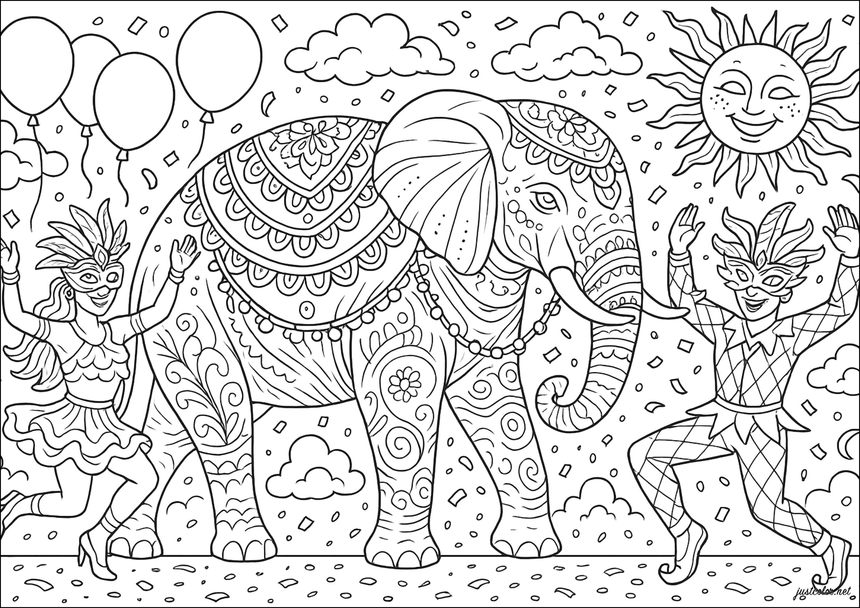 Majestic Carnival Elephant (Printable Coloring Page for adults)