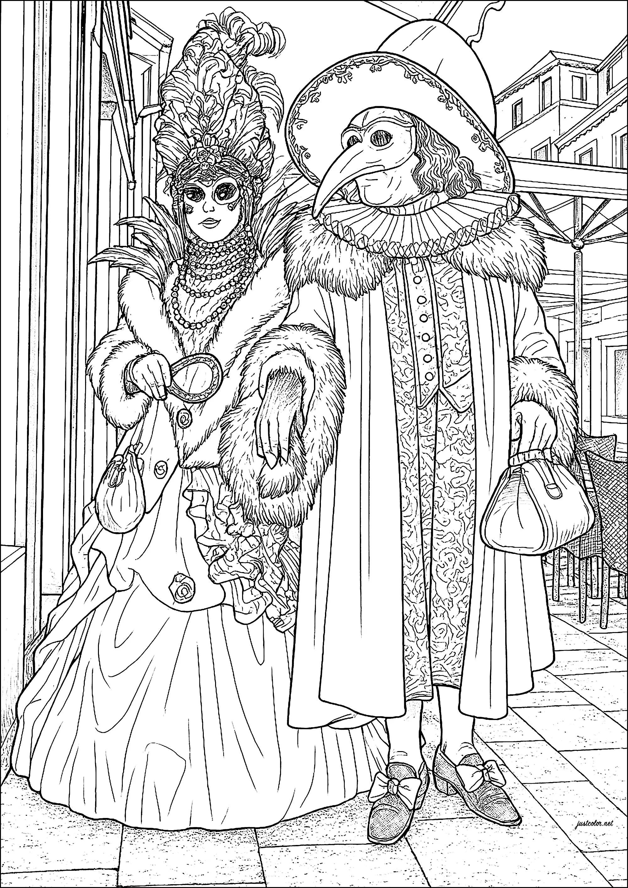 Couple in masks and costumes for Carnival in Venice (Printable Coloring Page for adults)