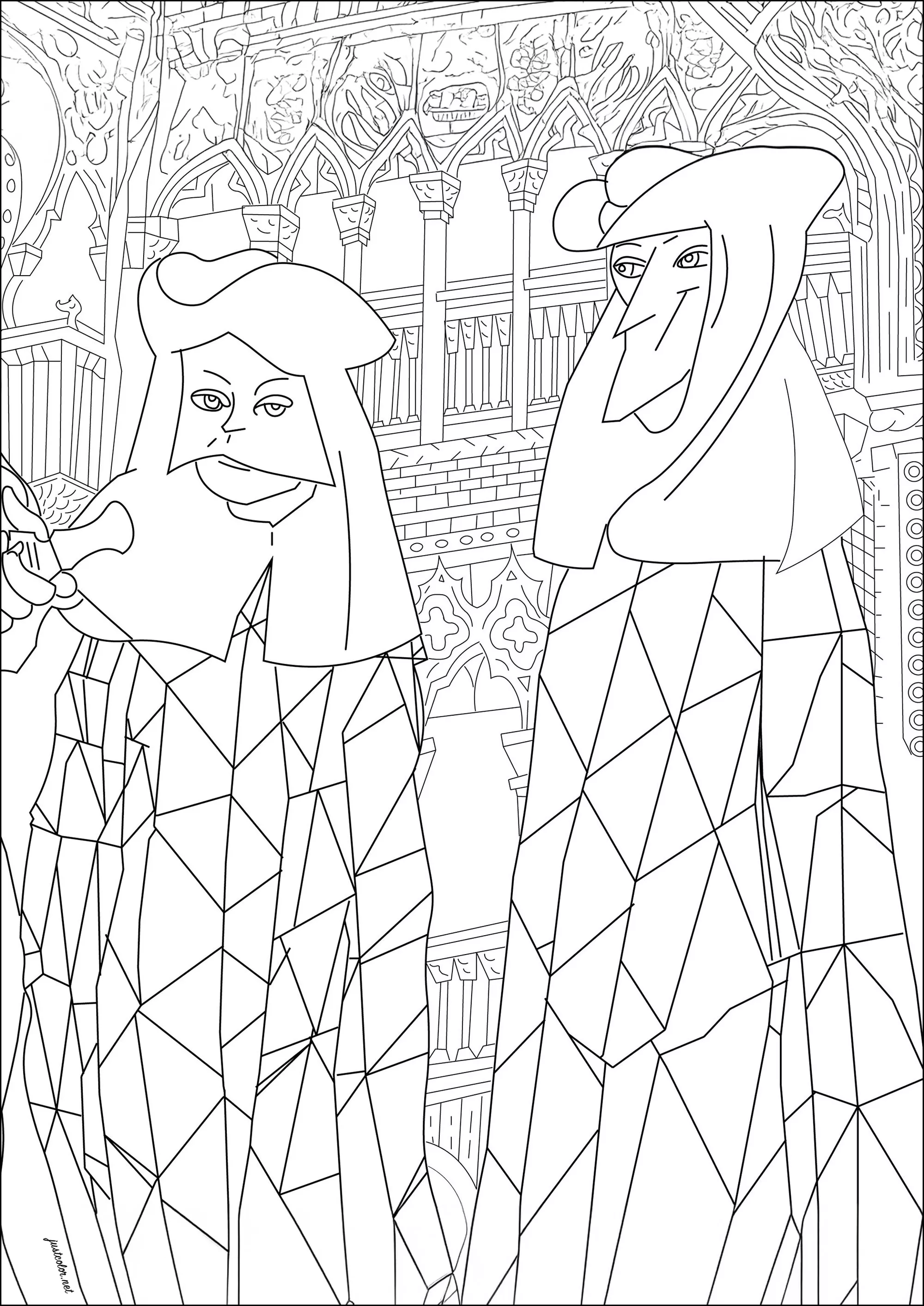 People in costume and masks at the Venice Carnival (Printable Coloring Page for adults)