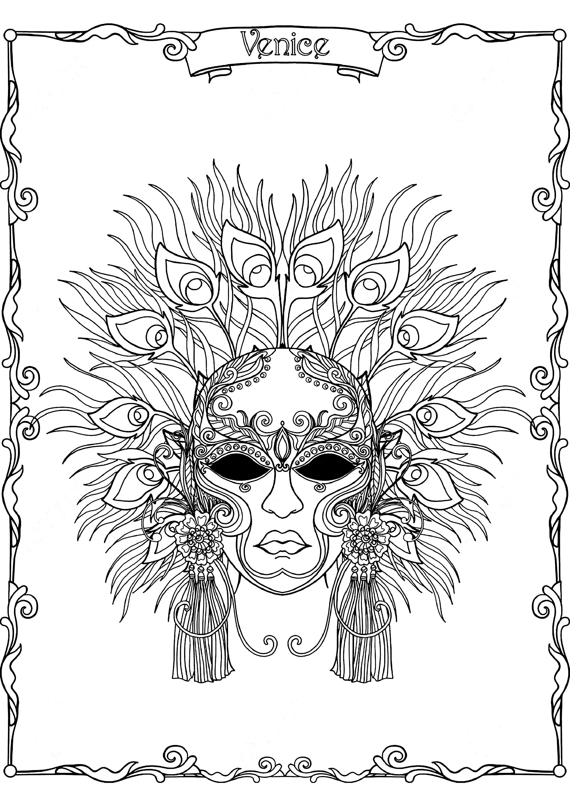 Venetian Carnival Mask with beautiful Feathers (Printable Coloring Page for adults)