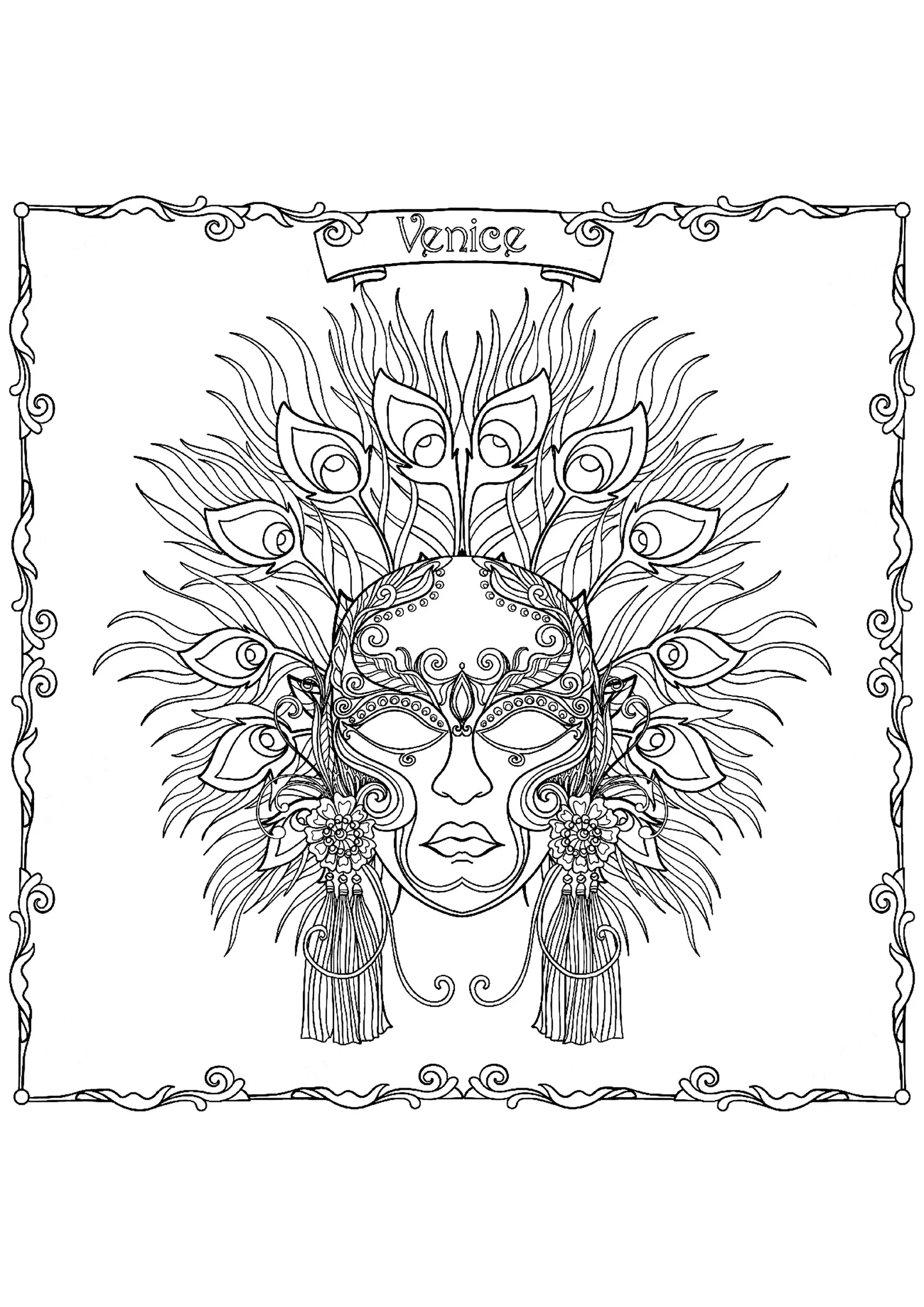 Venetian Carnival Mask with feathers and ornaments (Printable Coloring Page for adults)