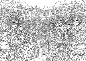 Dazzling masquerade in front of a palace in Venice (Carnival Coloring Page)
