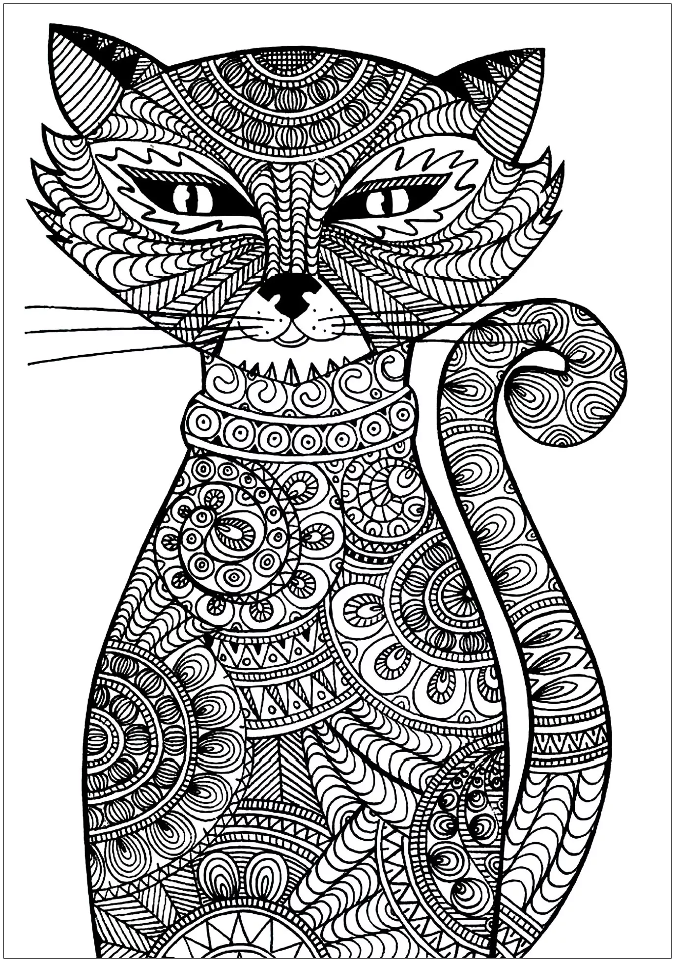 Cat with zentangle patterns (Printable Coloring Page for adults)