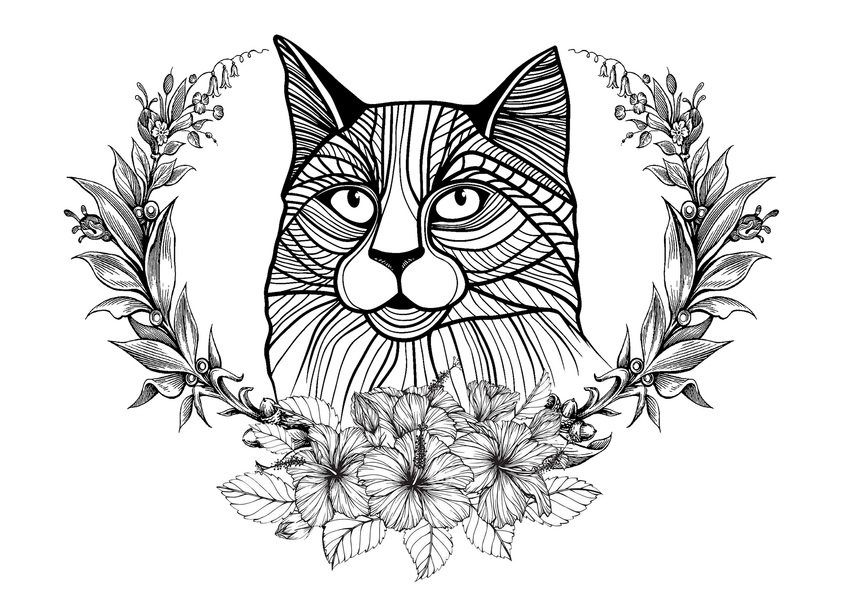 Cat and laurel wreath - Cats Adult Coloring Pages