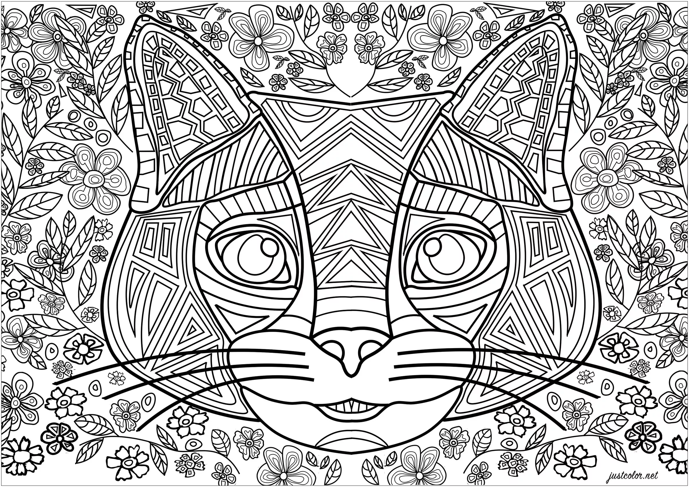 Cat head formed by regular lines, with flowered background (Printable Coloring Page for adults)