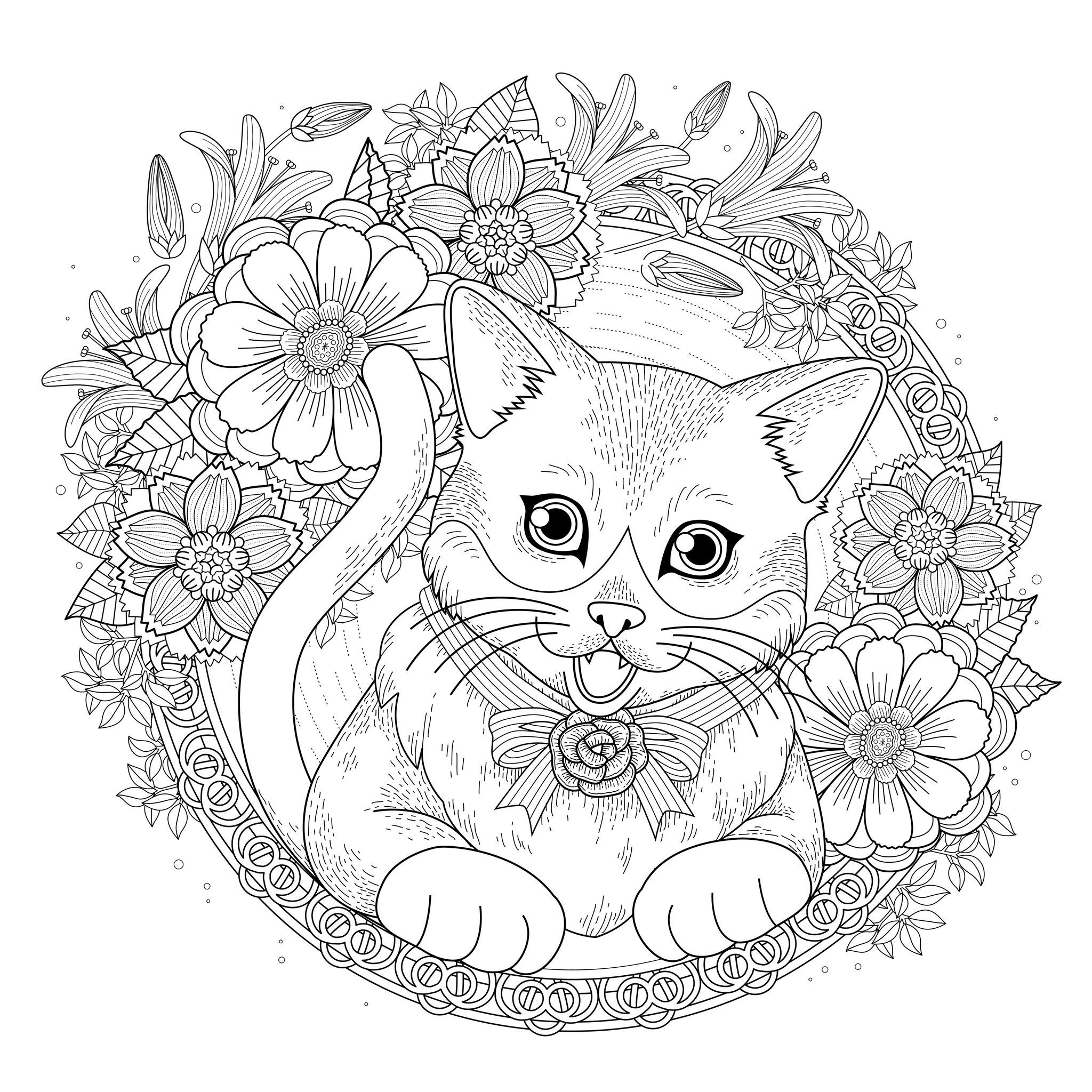 adorable kitty coloring page with floral wreath in exquisite line, Artist : Kchung   Source : 123rf