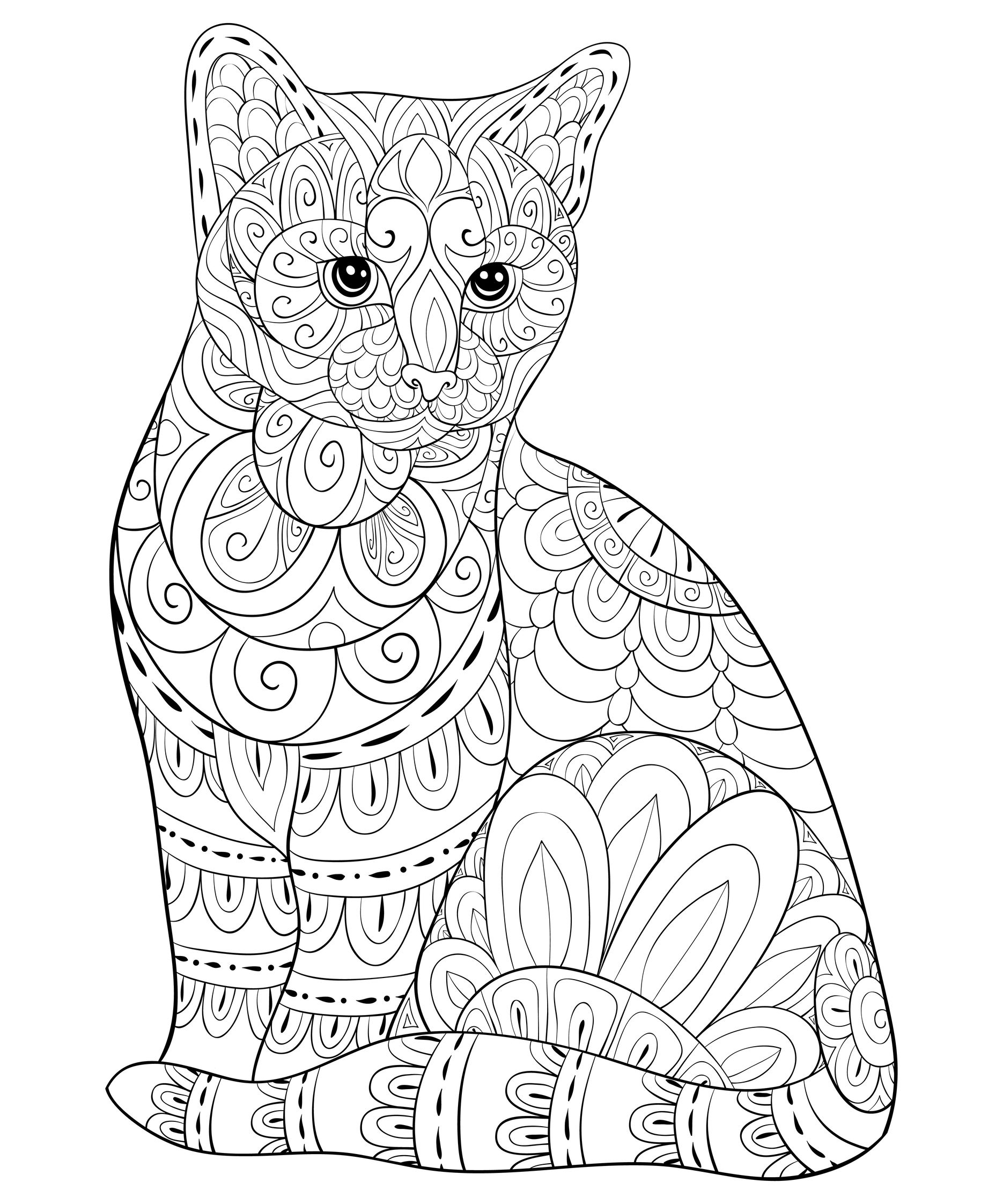 Cute cat with simple Zentangle patterns   Cats Adult Coloring Pages