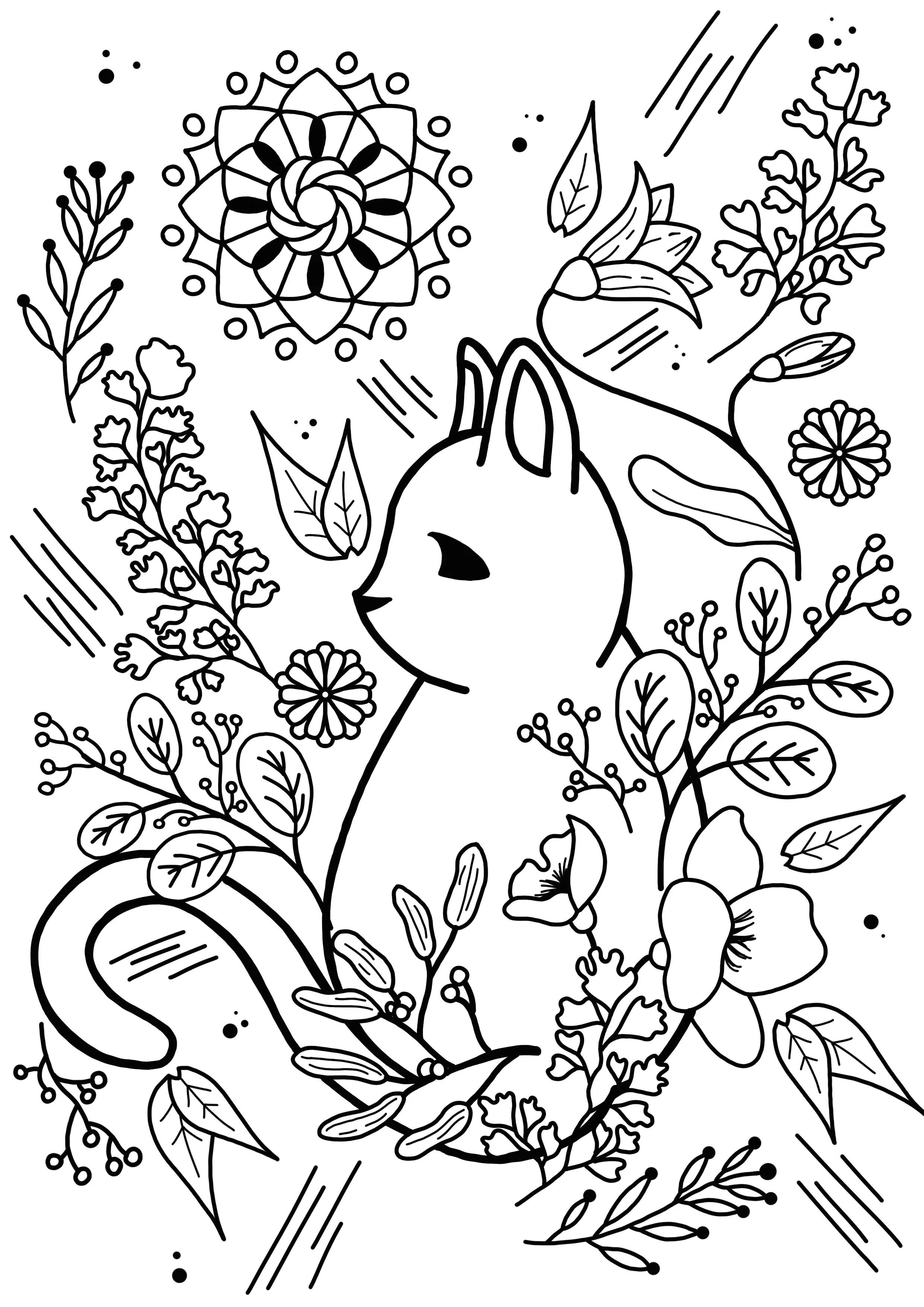 Cat surrounded by abstract plant motifs (Printable Coloring Page for adults)