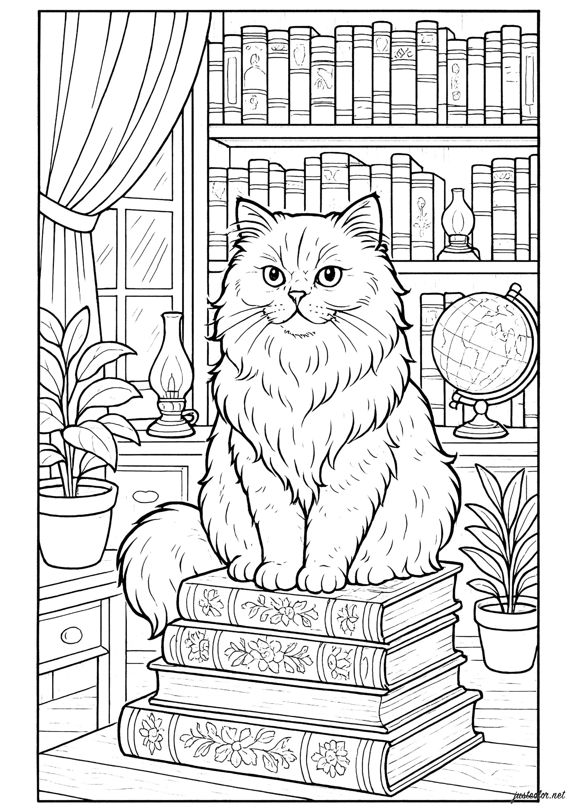 Persian cat in a vintage library (Printable Coloring Page for adults)