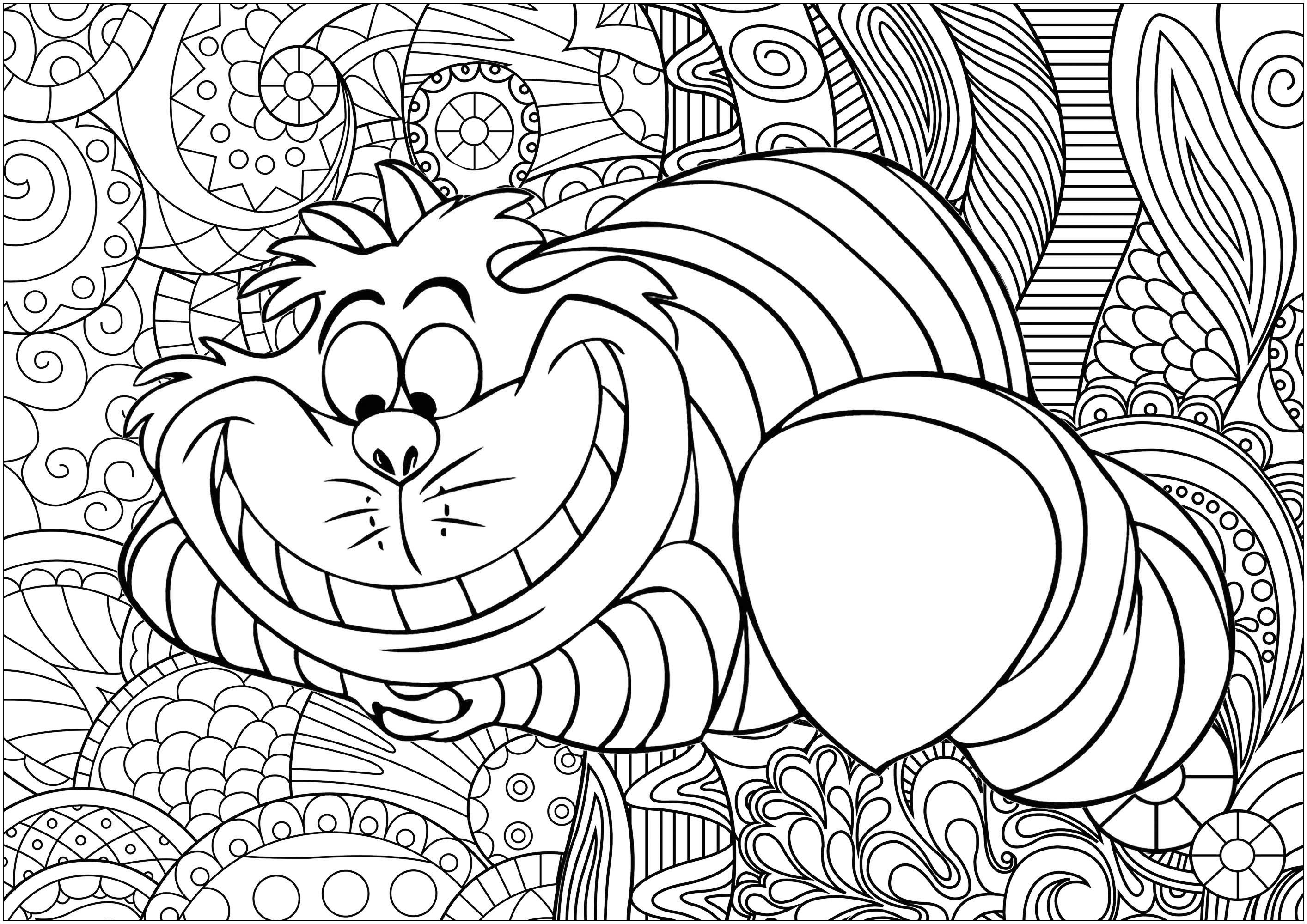 Color the famous Cheshire cat from Alice's Adventures in Wonderland written by Lewis Carroll, and popularised by Disney's animated movie. Background by Caillou.
