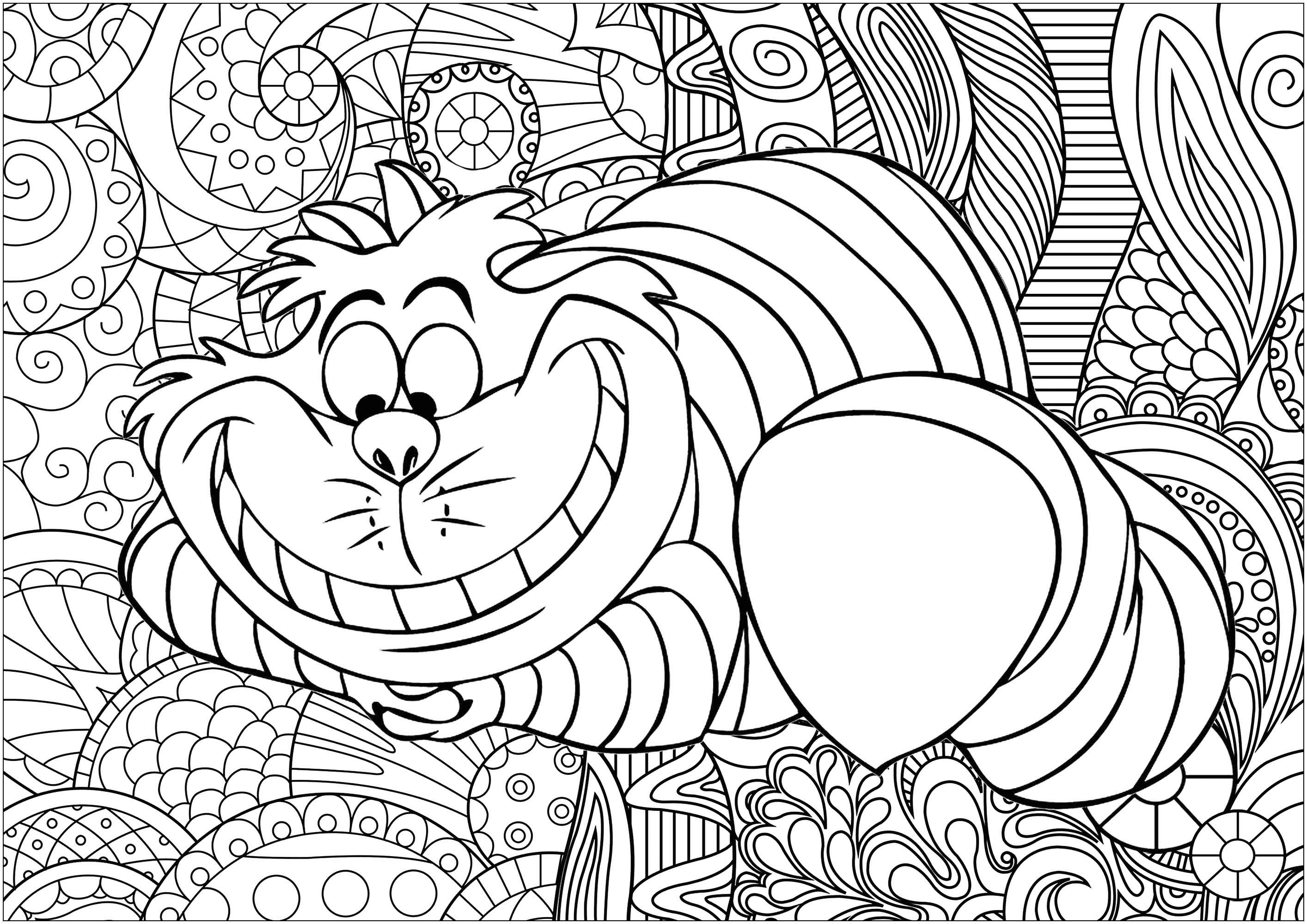 Color the famous Cheshire cat from Alice's Adventures in Wonderland written by Lewis Carroll, and popularised by Disney's animated movie. Background by Caillou, Artist : Art. Isabelle