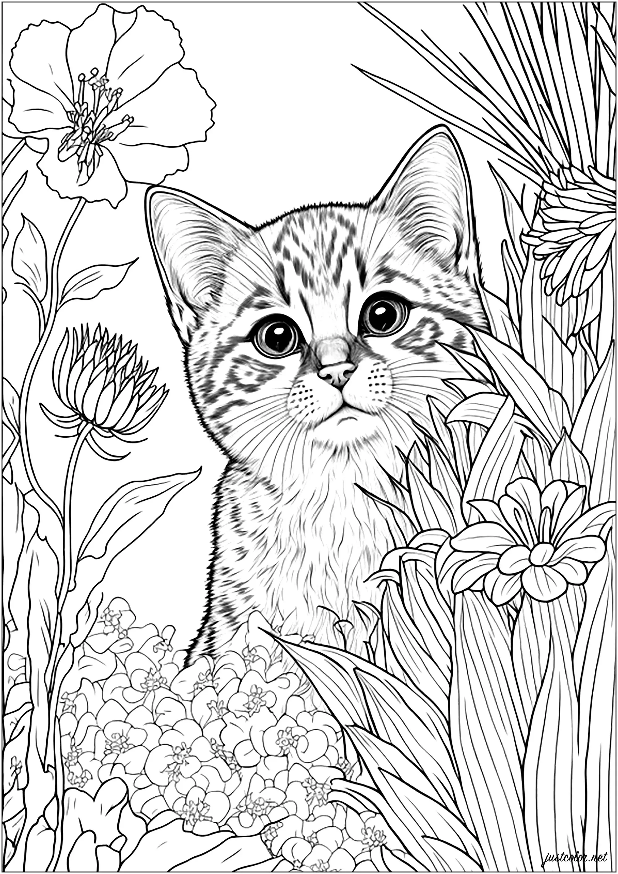 Young cat surrounded by flowers (Printable Coloring Page for adults)