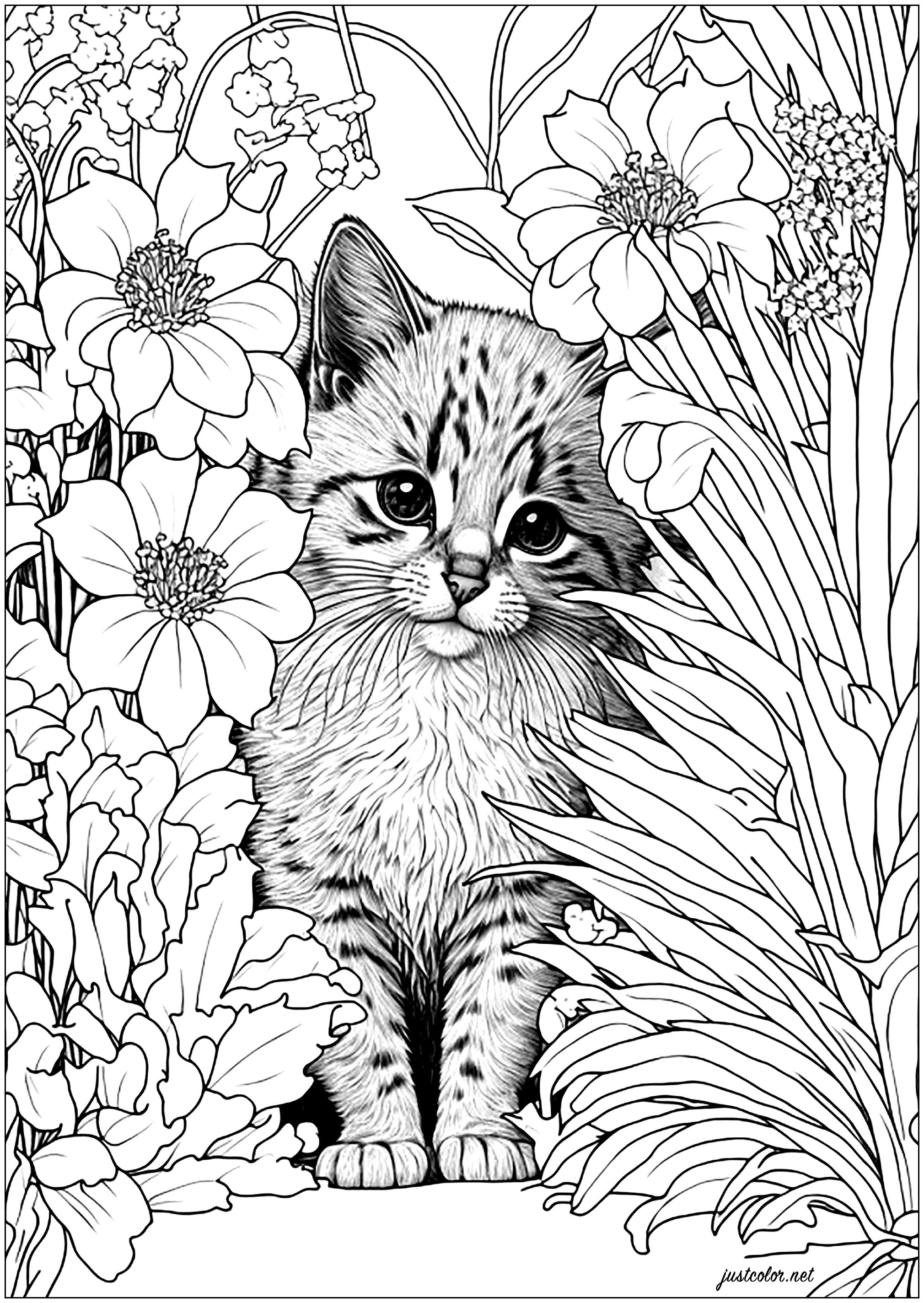 Cute, realistic cat hidden behind flowers