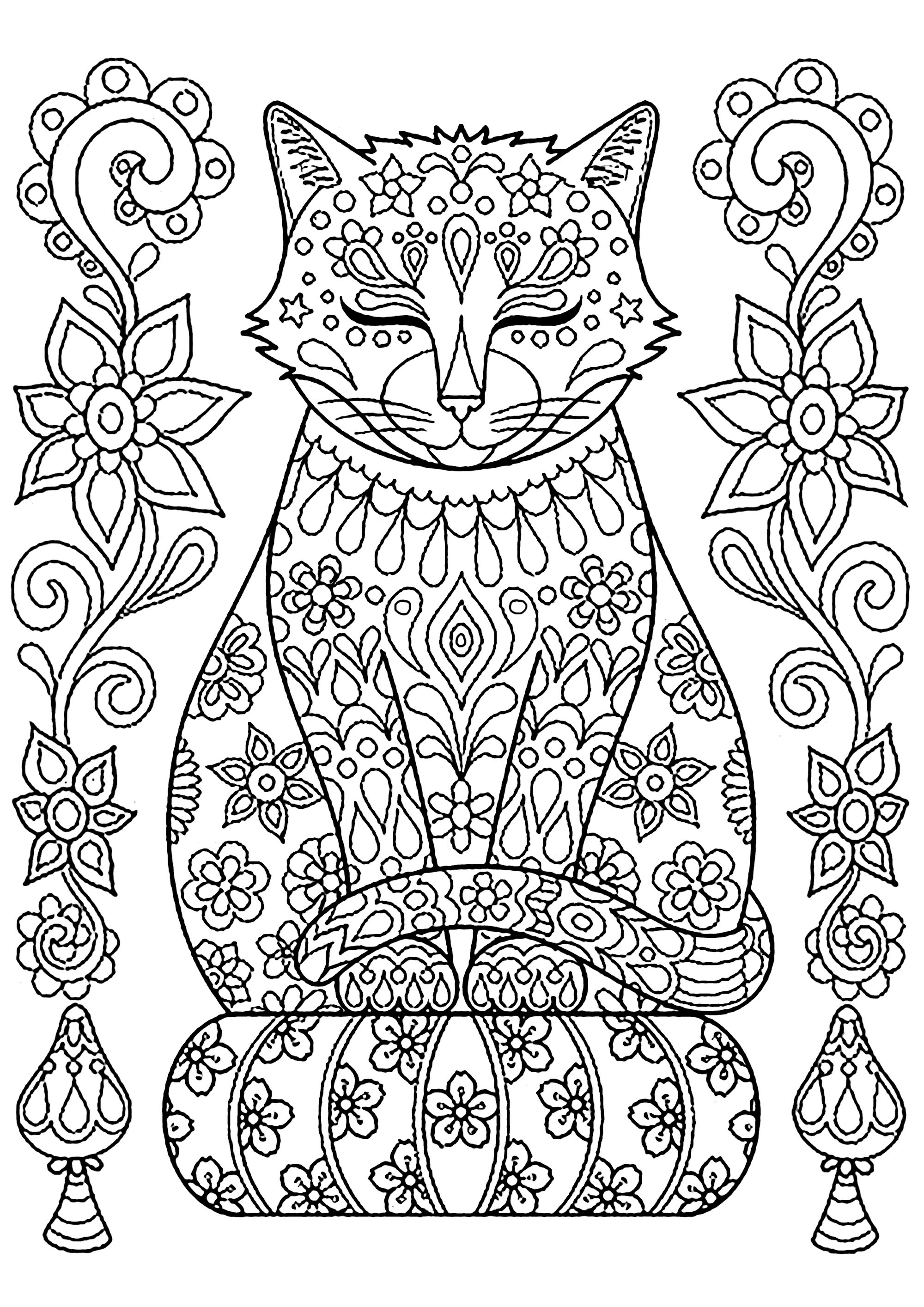 Cute cat on pillow with flowers   Cats Adult Coloring Pages