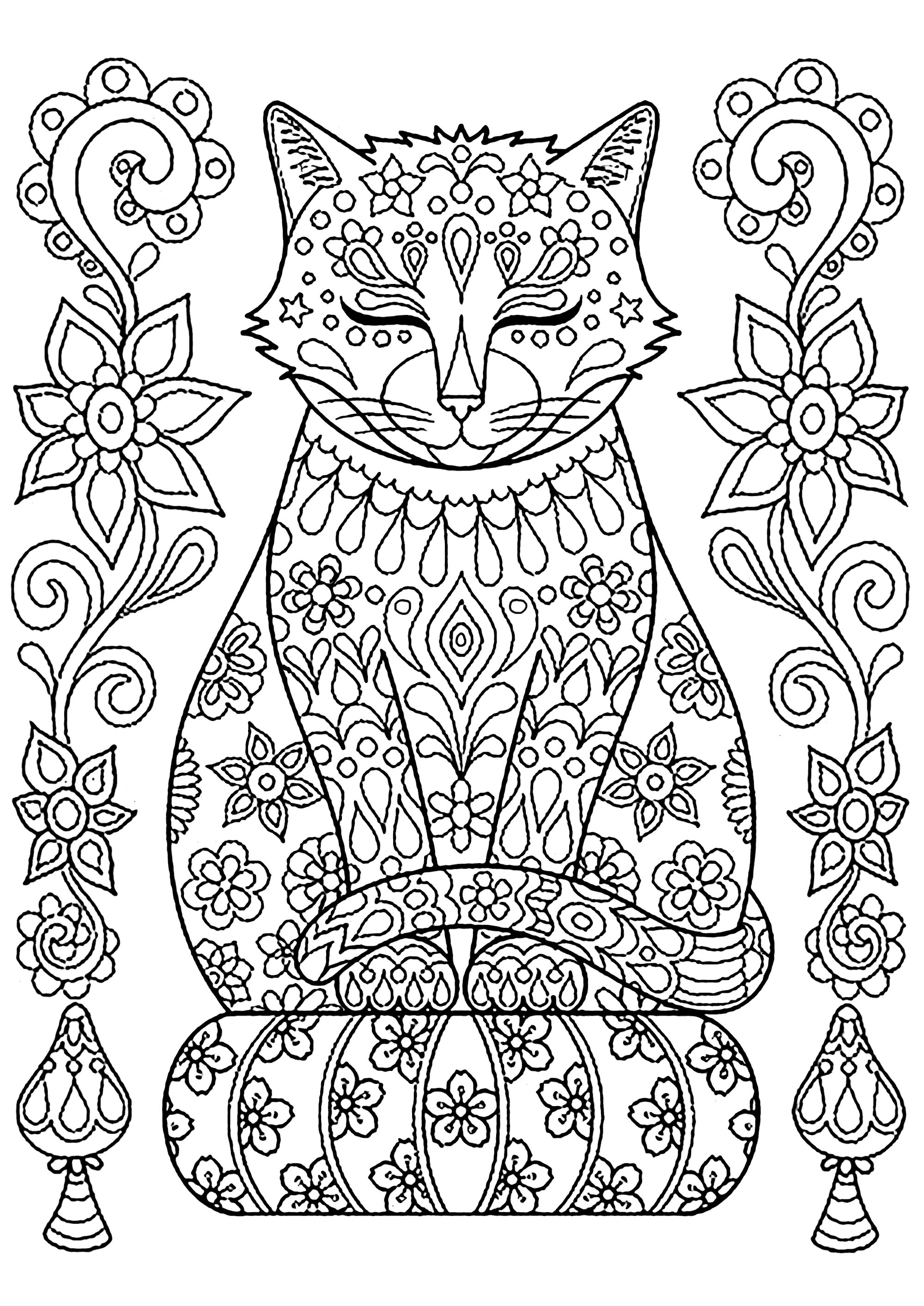 Download Cute cat on pillow with flowers - Cats Adult Coloring Pages