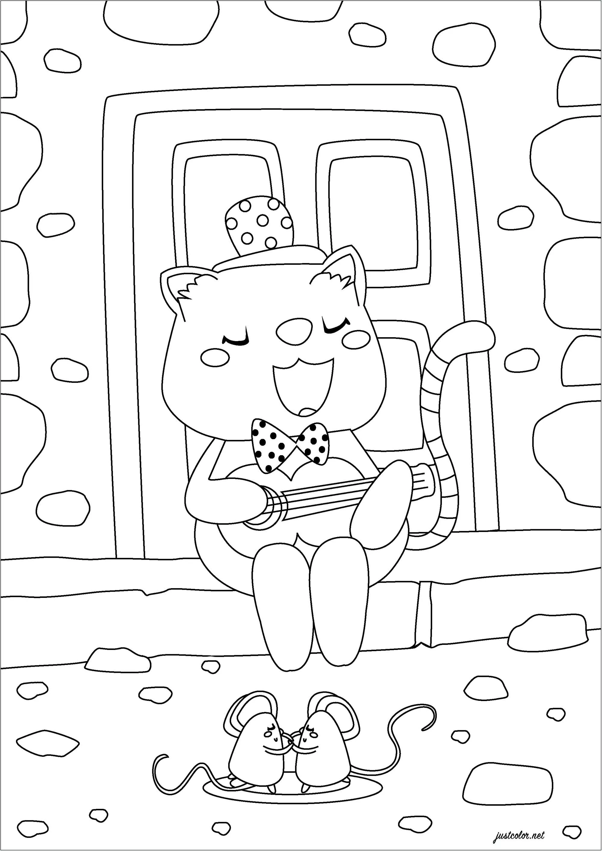 Cat with a guitar (Printable Coloring Page for adults)