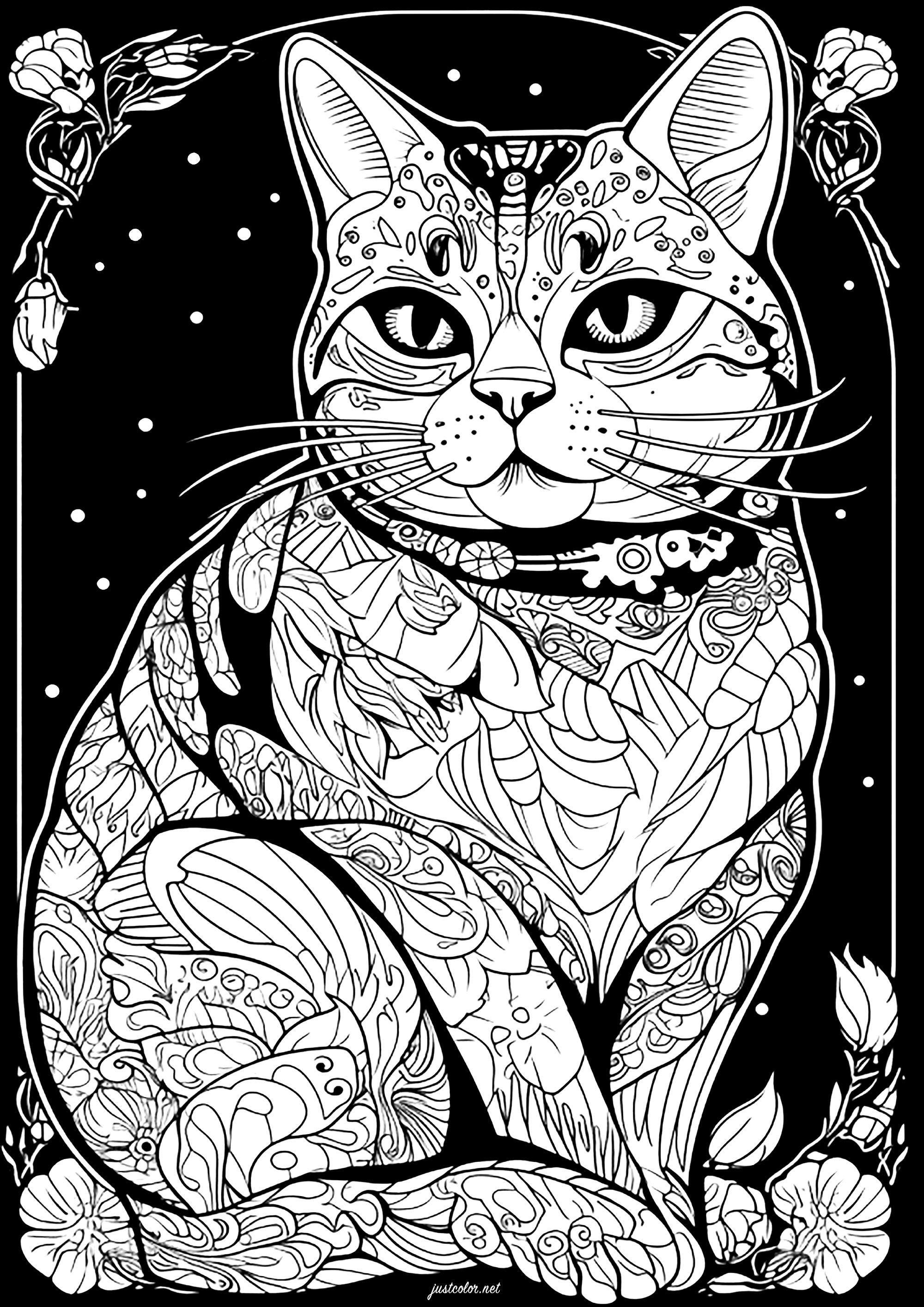 Superb cat coloring on black background. Many patterns to color