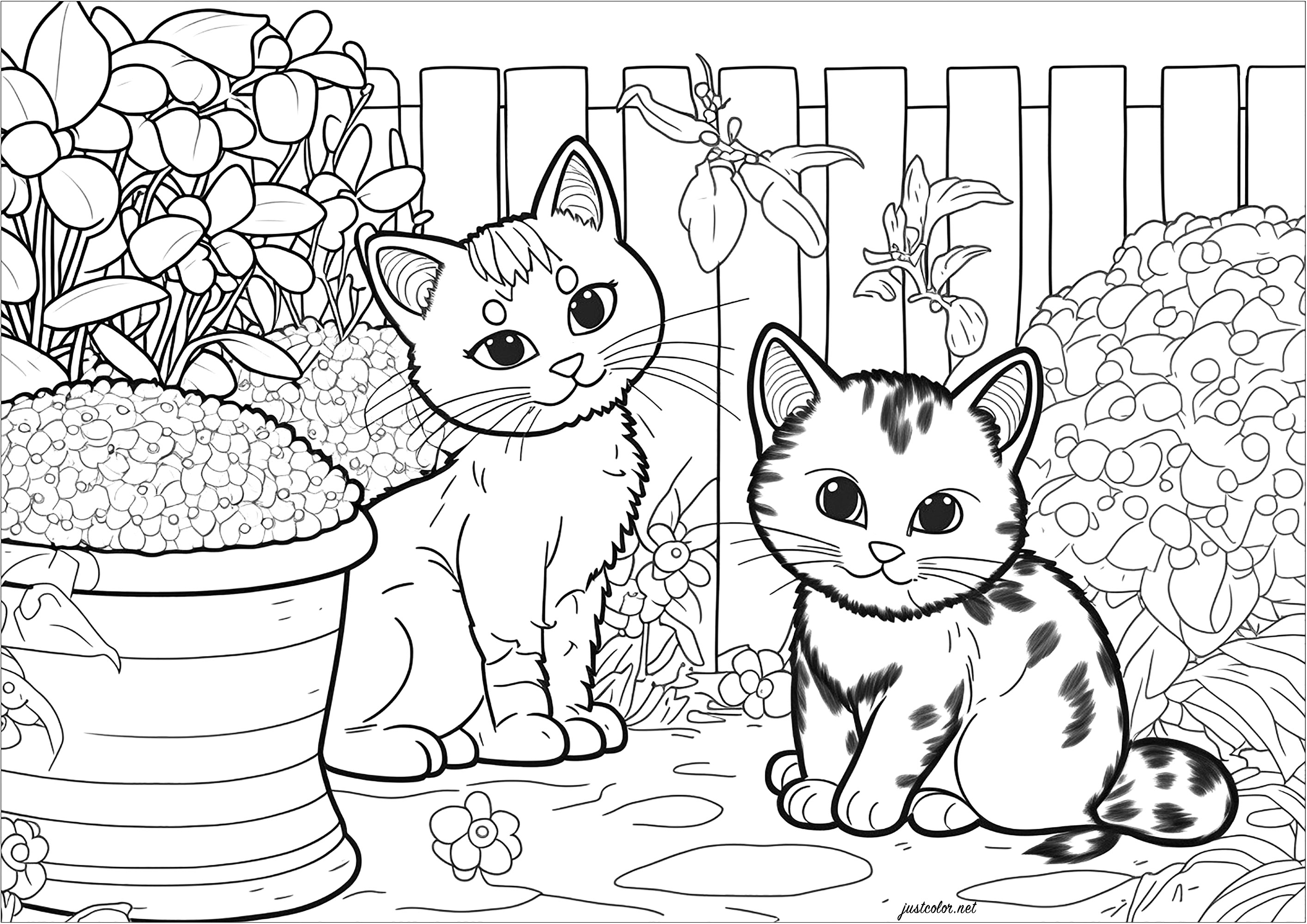 Two little cats in the garden to color. This coloring page is both cute and relaxing. It depicts two little cats playing in a garden. The cats are surrounded by a variety of plant elements, such as flowers, bushes, trees and grasses. It's a great way to escape into a world of color and nature.