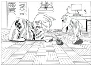 Cute little cats having fun with a ball of wool inside a house (Coloring Page)