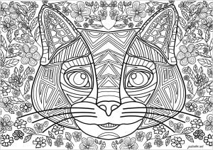 Cat head formed by regular lines, with flowered background (Coloring Page)