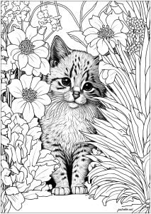 Cute cat hiding behind flowers (Coloring Page)