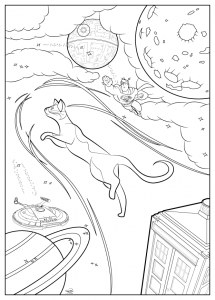 A flying cat, meeting Superman, the Star Wars's Death Star and Star Trek'sUSS Enterprise . .. What's more normal? (Coloring Page)