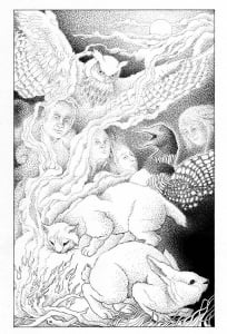 Animals and spirits (Cat Coloring Page)