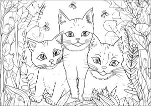 Three pretty cats in a garden (Coloring Page)