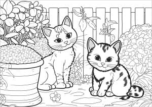Two little cats in the garden (Coloring Page)