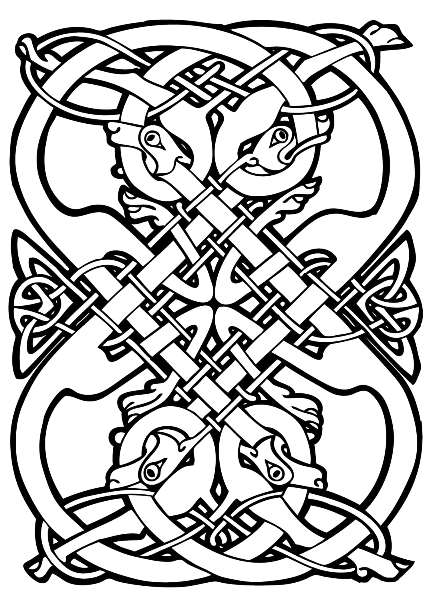Celtic art design, with intricate patterns and animal heads