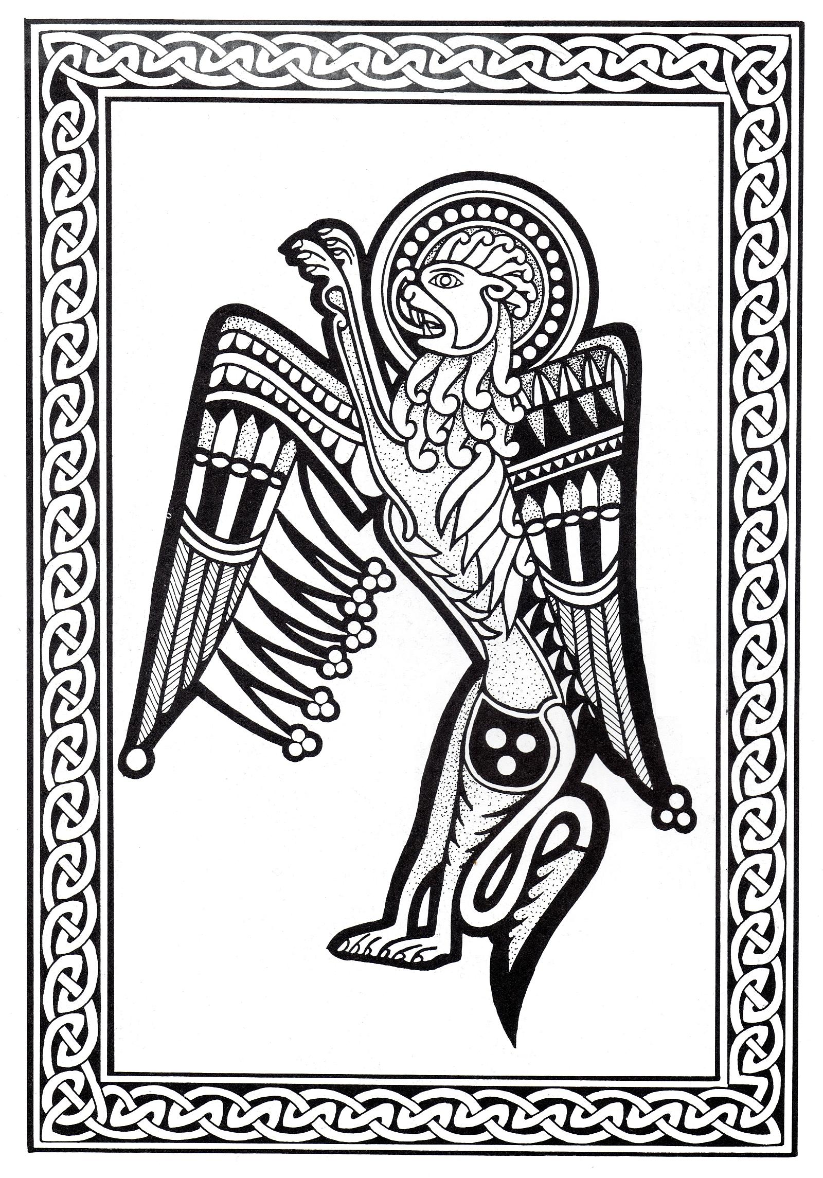 Magnificent Celtic art drawing, with lion with wings