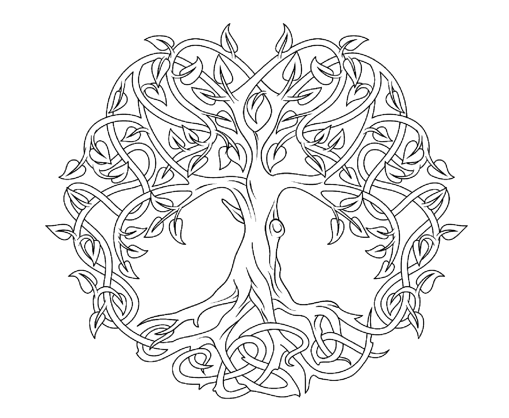 Tree of life coloring page. The Celtic Tree of Life represents the concept of the forces of nature converging to create harmony. These trees were so large and extensive that they could actually form an entire forest with their branches, Source : Supercoloring   Artist : Artsashina