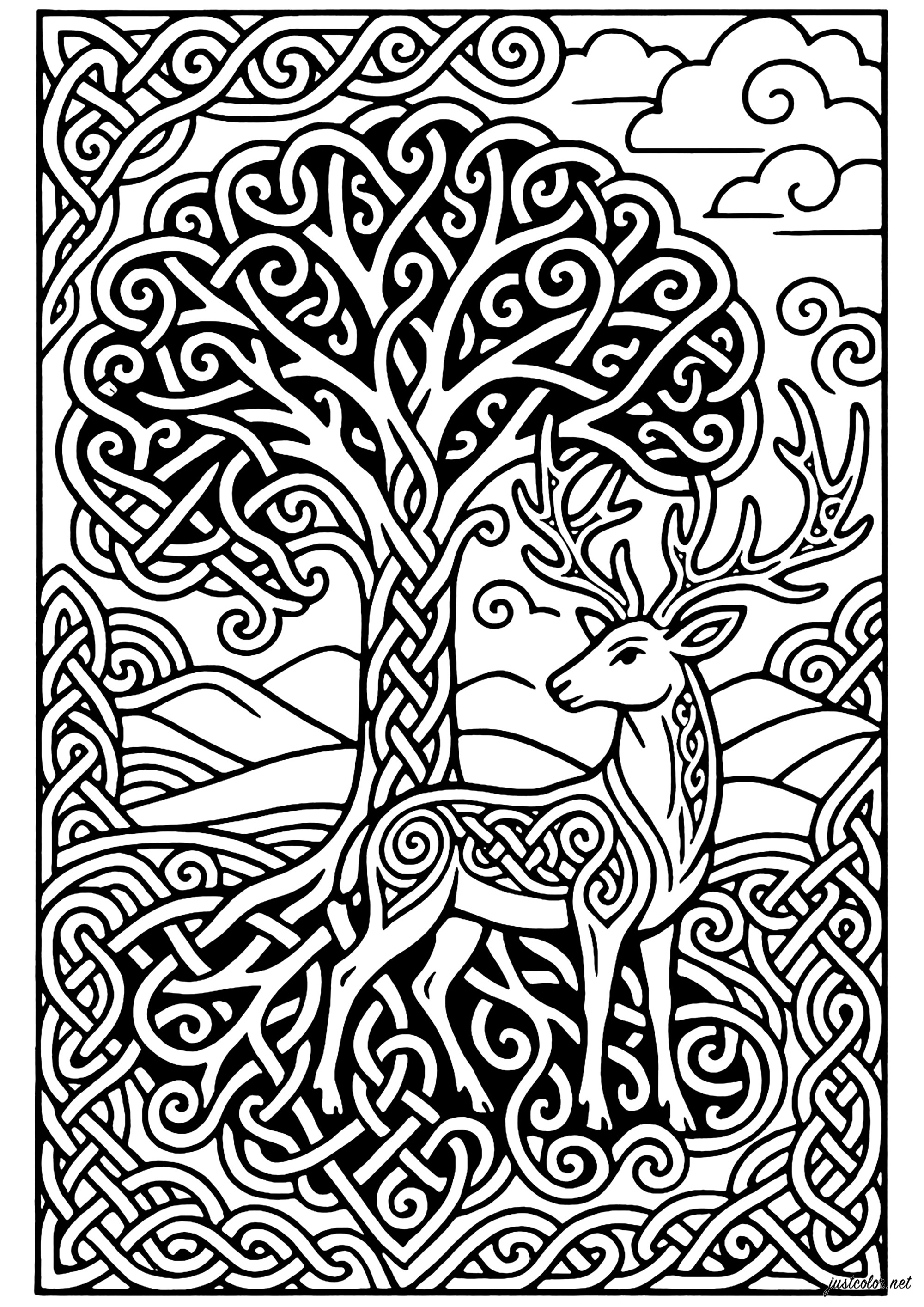 Celtic Tree of Life and Sacred Stag (Printable Celtic Art Coloring Page for adults)