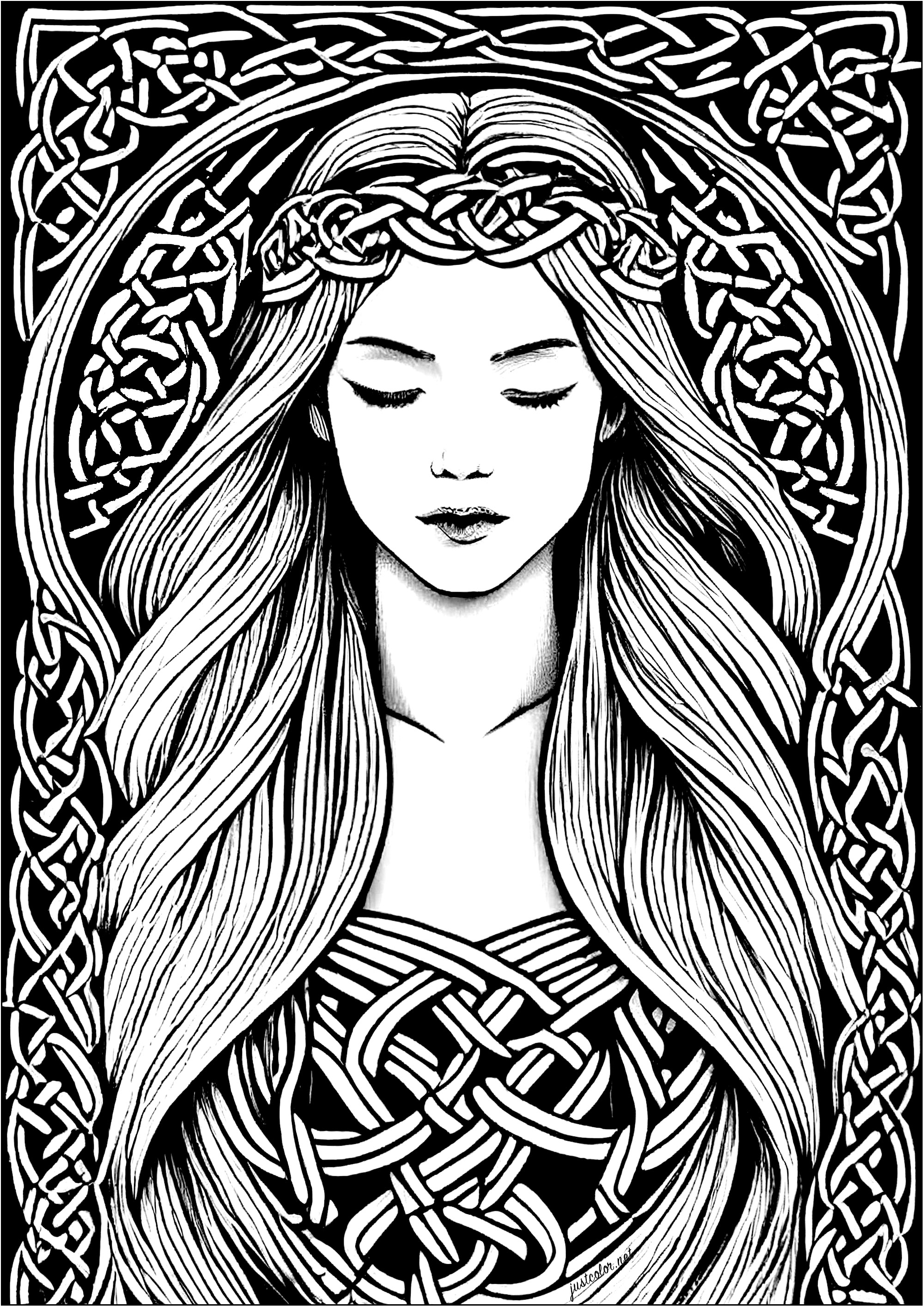 Coloring page of a sleeping young woman, inspired by Celtic art. The motifs present throughout this drawing are inspired by Celtic motifs, characterized by their intricacies and root-like plant shapes.