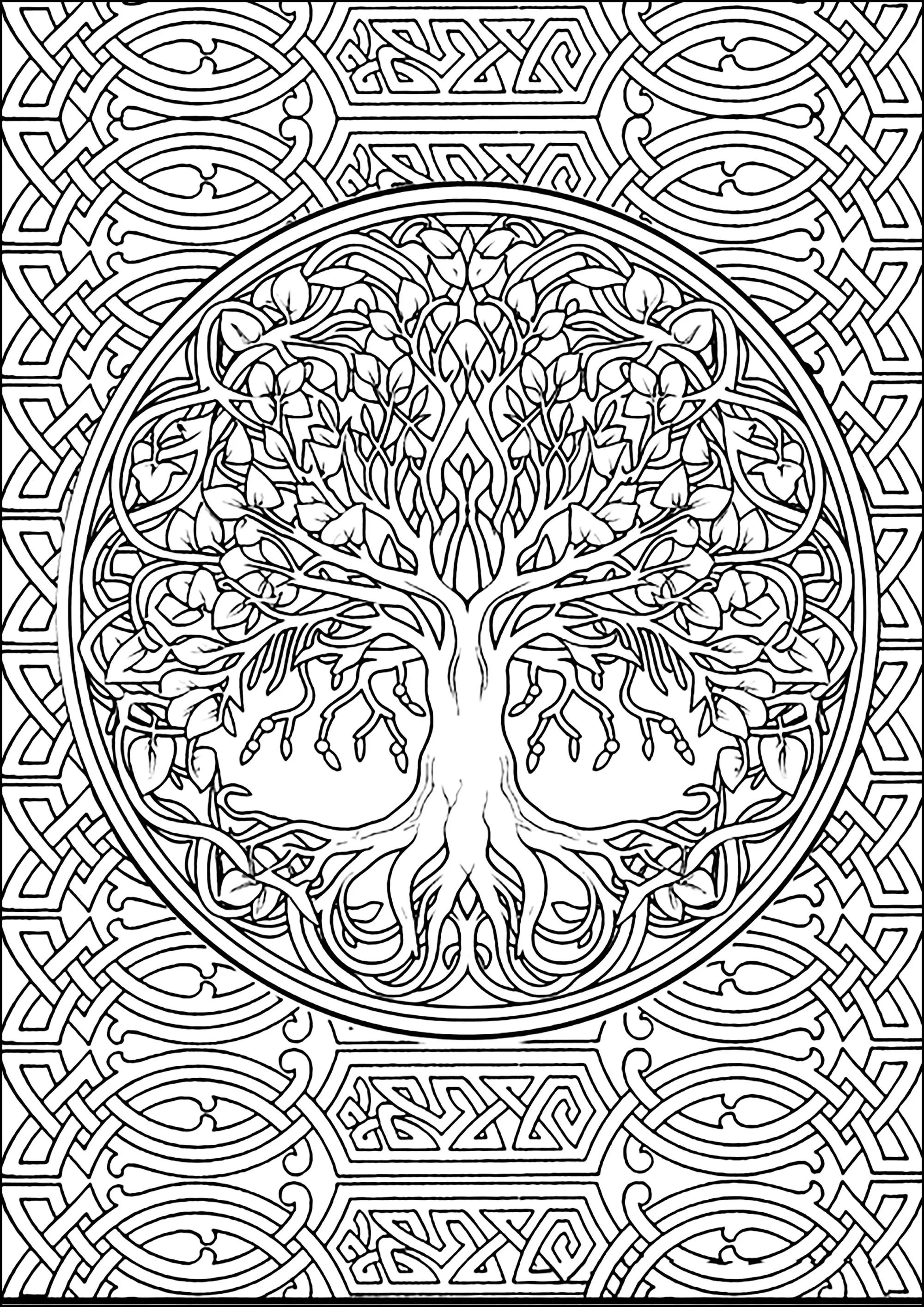 Complex drawing of the Tree of Life (Printable Celtic Art Coloring Page for adults)