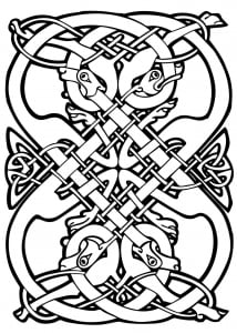 Celtic art design, with intricate patterns and animal heads (Coloring Page)