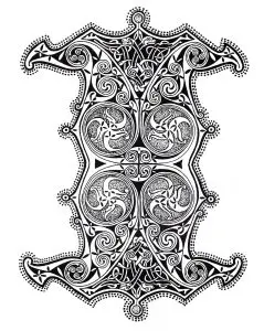 Celtic panel of interlacing patterns and triskelions