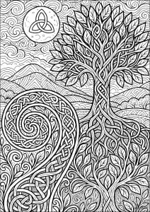Celtic Tree of Life. A sacred tree with interlaced branches rises from the center of intricate patterns and traditional spirals. The moon and a triskell adorn a background of rolling hills and clouds, inviting contemplation. Celtic tree of life