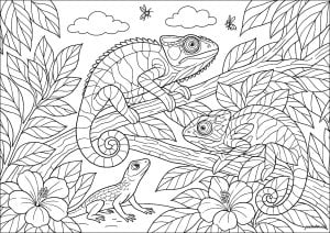 Rencontre Curieuse sous les Tropiques (Chameleons and lizards Coloring Page)