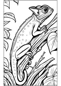 Incredible Cameleon on a branch (Chameleons and lizards Coloring Page)