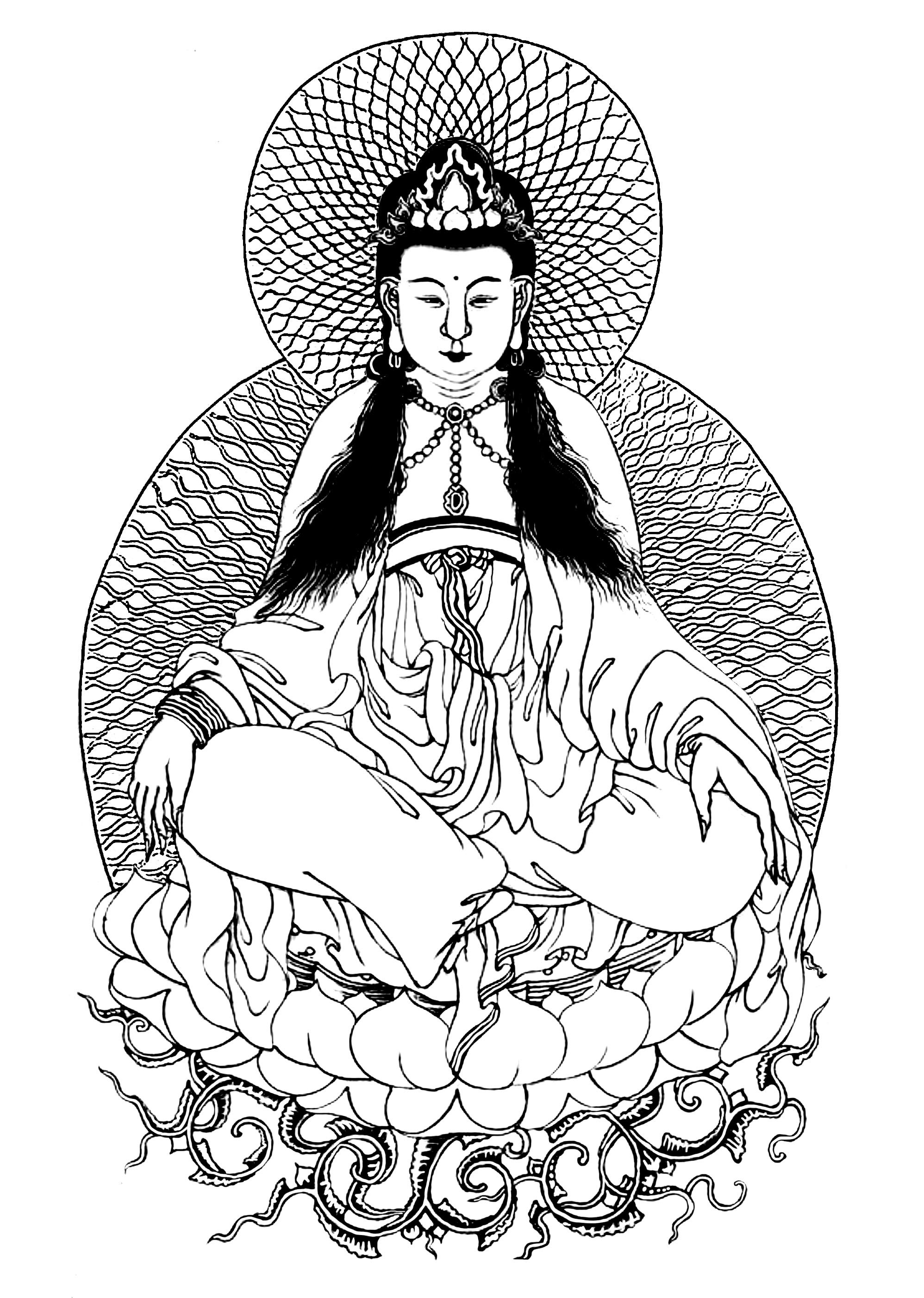 Guanyn: The Buddhist Goddess of Mercy. Coloring inspired by a painting by Xingru Wang